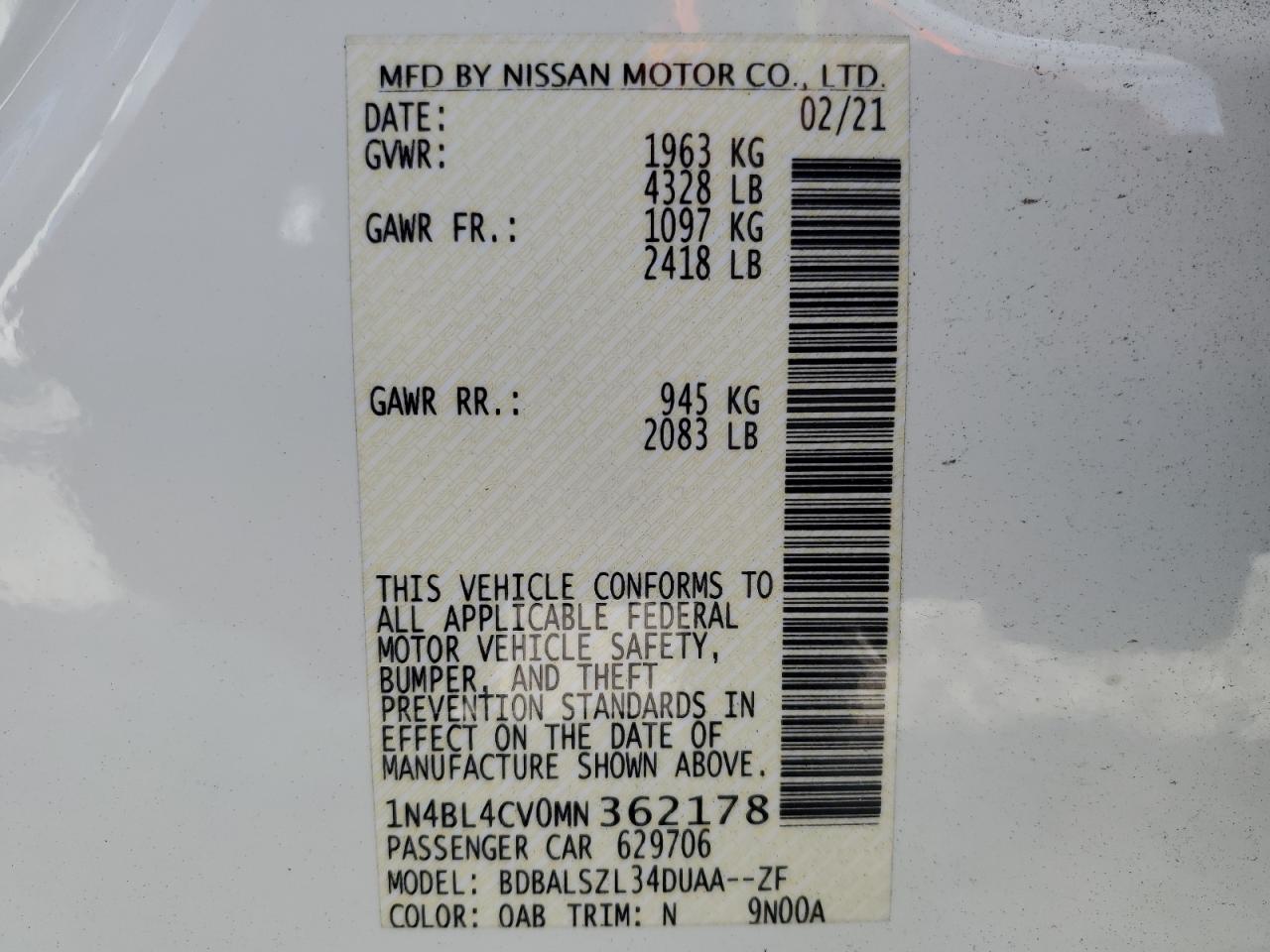 VIN 1N4BL4CV0MN362178 2021 NISSAN ALTIMA no.13