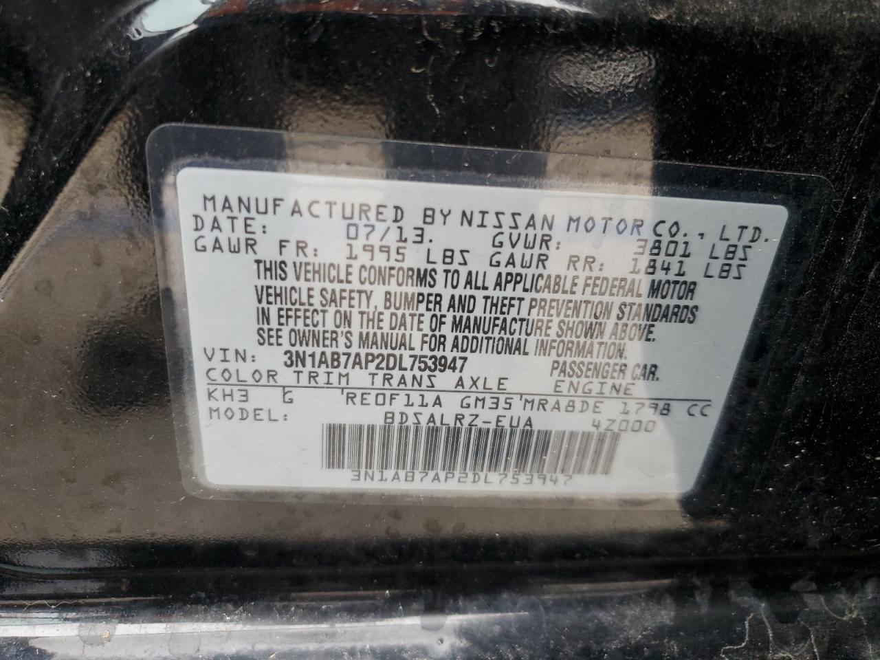 2013 Nissan Sentra S VIN: 3N1AB7AP2DL753947 Lot: 78727574