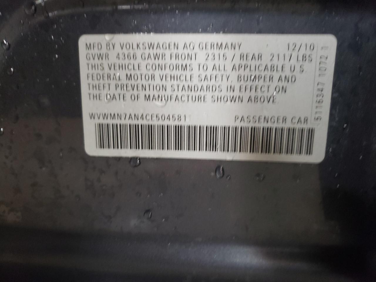 2012 Volkswagen Cc Sport VIN: WVWMN7AN4CE504581 Lot: 79303554