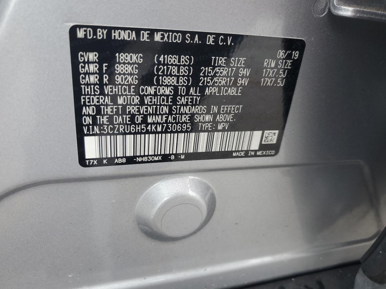 2019 Honda Hr-V Ex VIN: 3CZRU6H54KM730695 Lot: 80880814