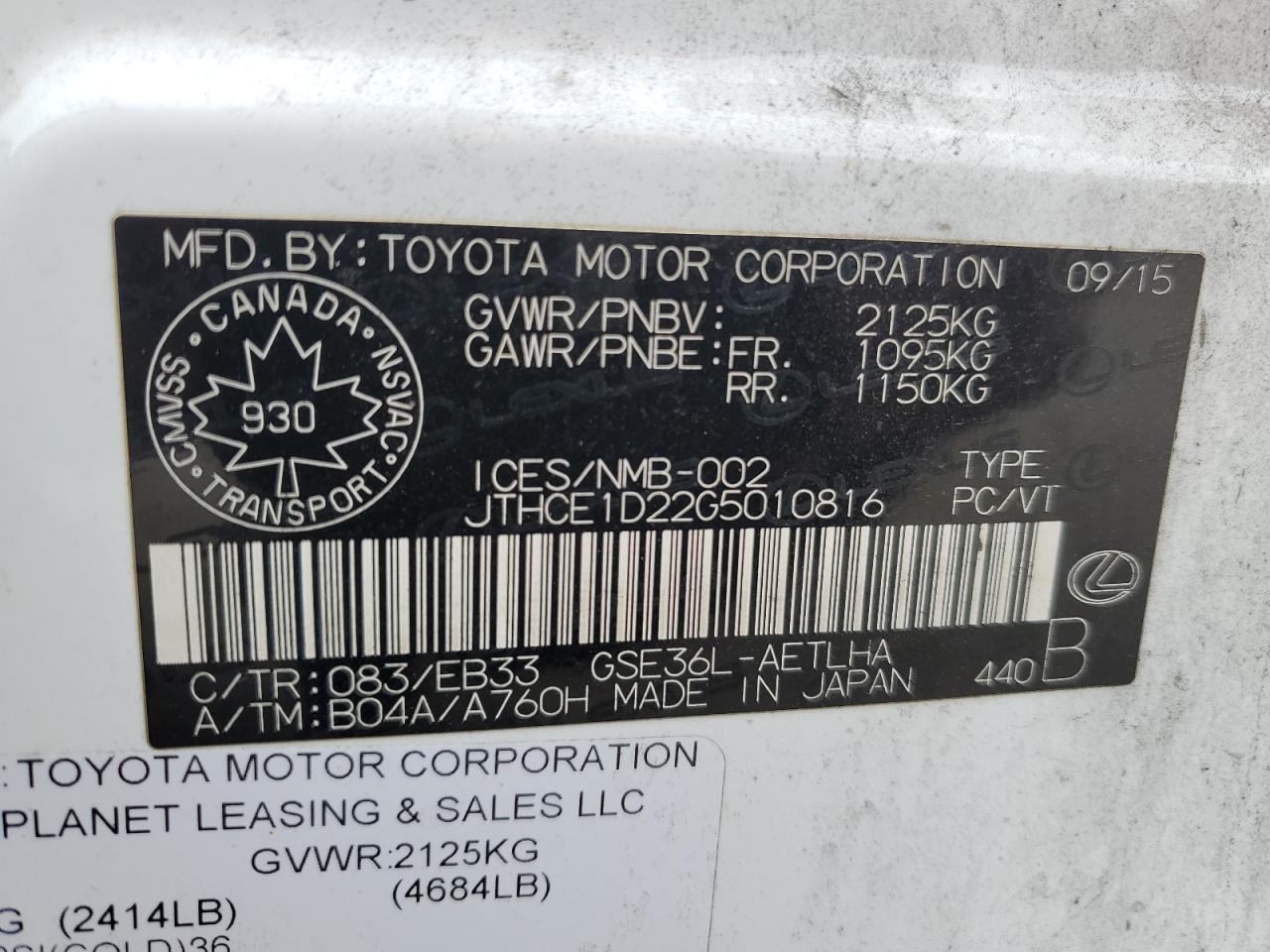 2016 Lexus Is 350 VIN: JTHCE1D22G5010816 Lot: 79254074