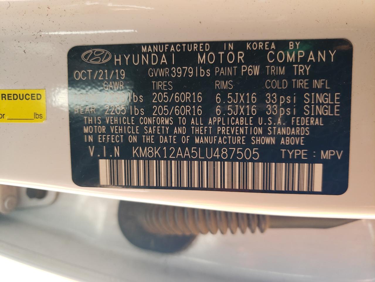 2020 Hyundai Kona Se VIN: KM8K12AA5LU487505 Lot: 82148384