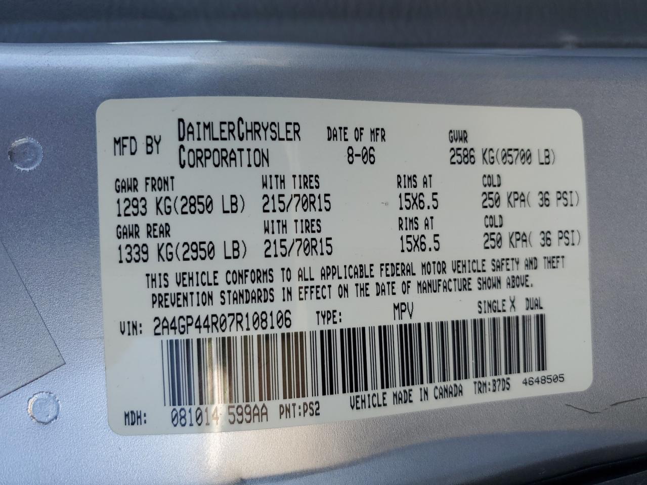 2007 Chrysler Town & Country Lx VIN: 2A4GP44R07R108106 Lot: 80109174