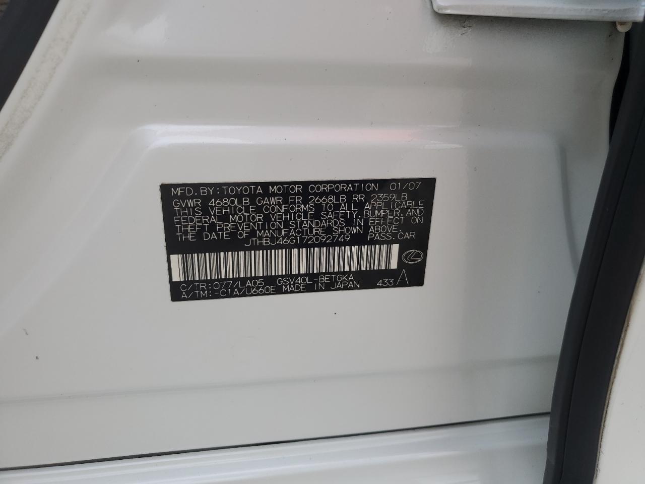 2007 Lexus Es 350 VIN: JTHBJ46G172092749 Lot: 80093044