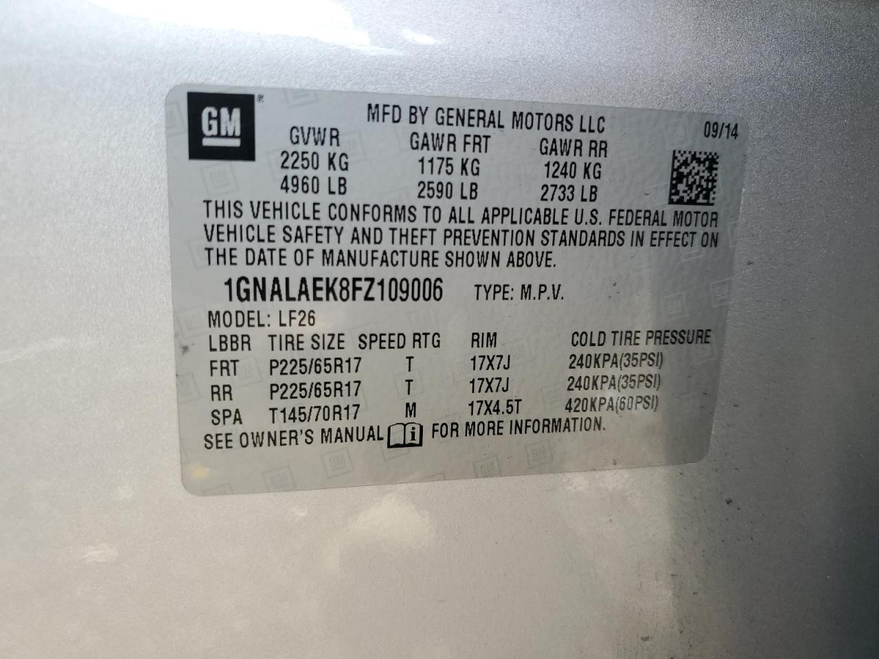 VIN 1GNALAEK8FZ109006 2015 CHEVROLET EQUINOX no.13