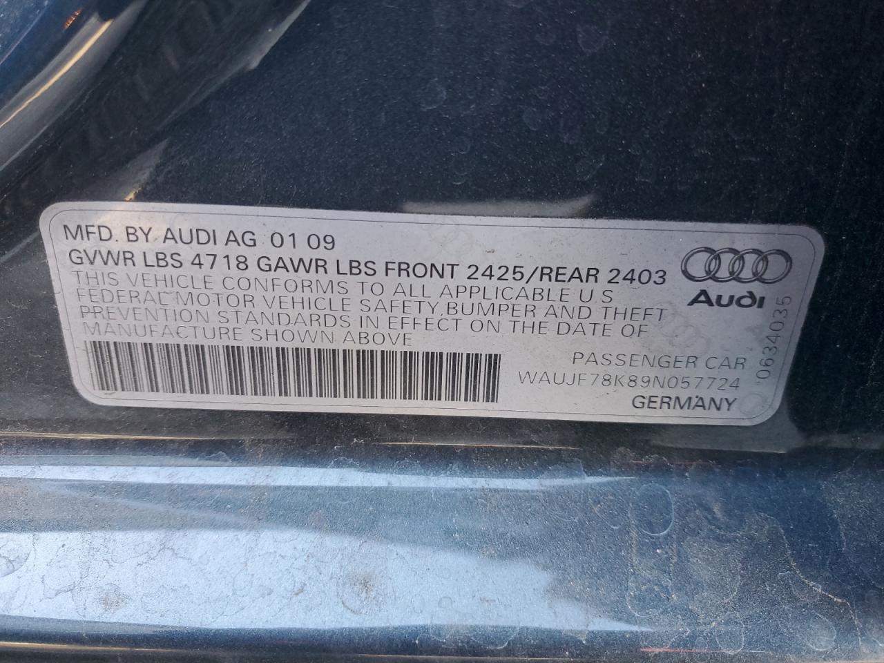 2009 Audi A4 Premium Plus VIN: WAUJF78K89N057724 Lot: 79504014