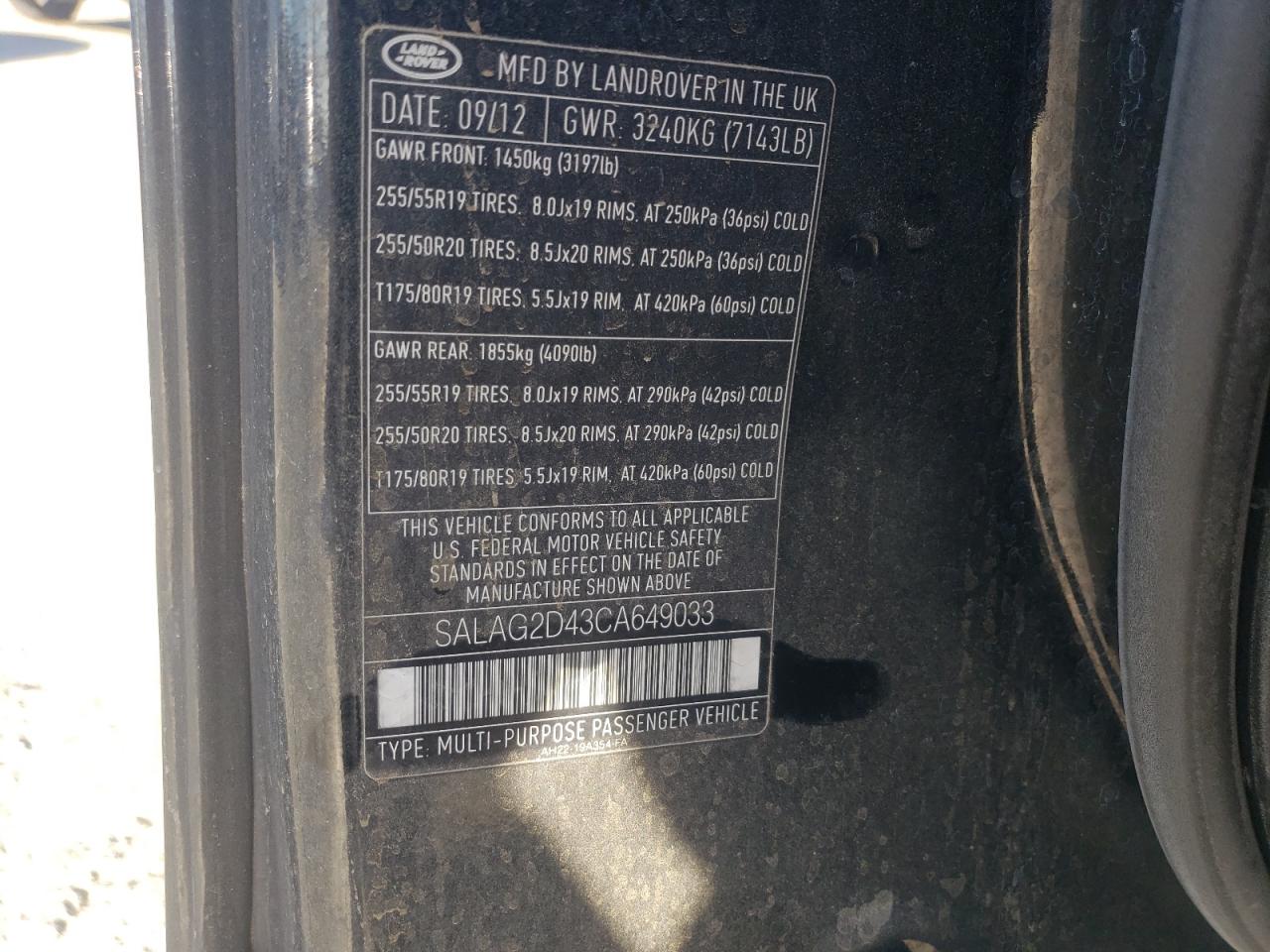 2012 Land Rover Lr4 Hse VIN: SALAG2D43CA649033 Lot: 80970364