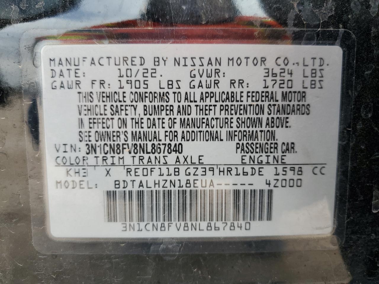 VIN 3N1CN8FV8NL867840 2022 NISSAN VERSA no.12