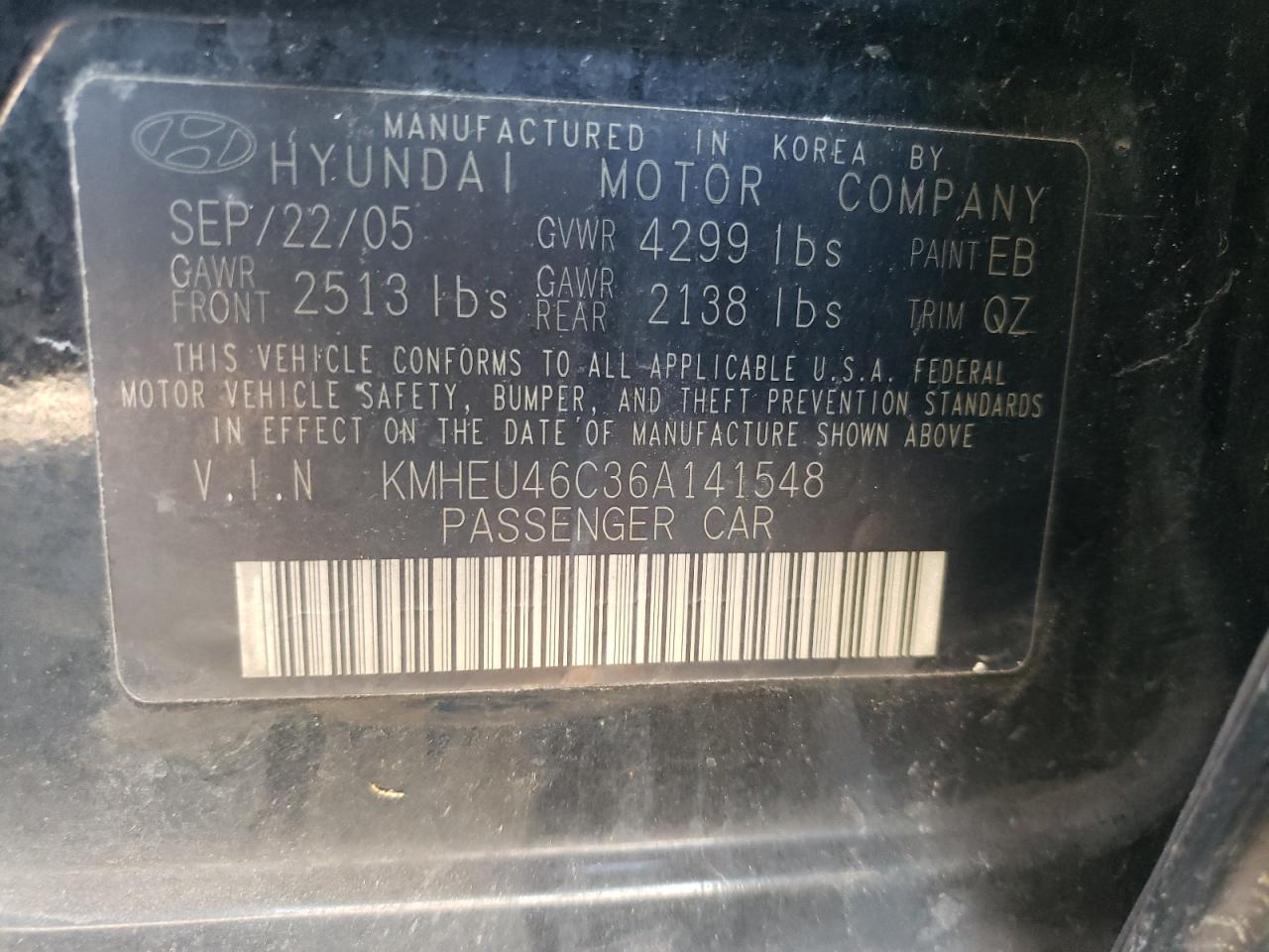 2006 Hyundai Sonata Gls VIN: KMHEU46C36A141548 Lot: 79129134