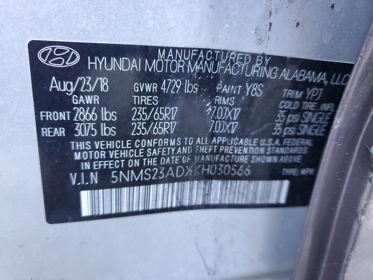 VIN 5NMS23ADXKH030566 2019 HYUNDAI SANTA FE no.13