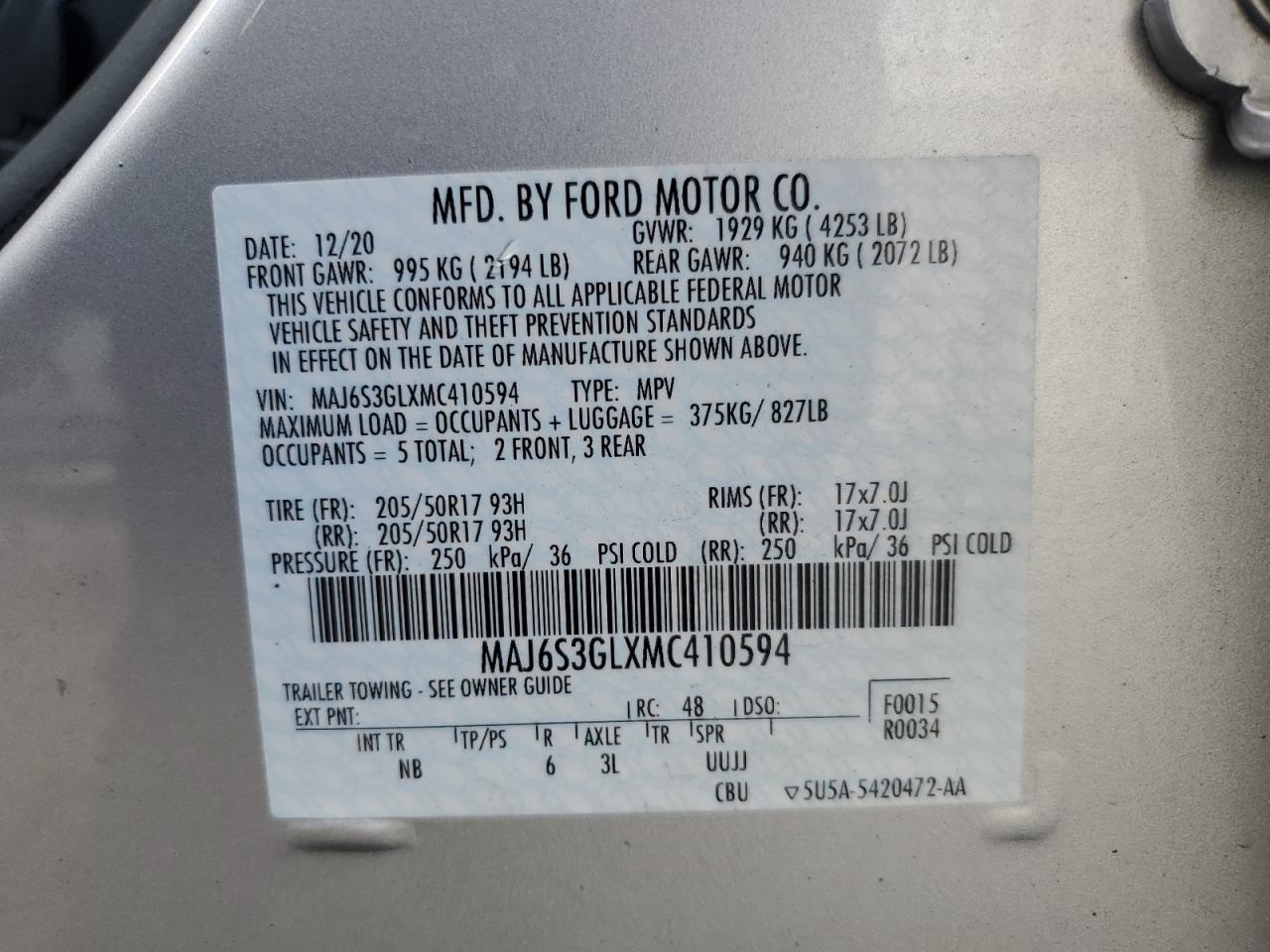 2021 Ford Ecosport Se VIN: MAJ6S3GLXMC410594 Lot: 79222384