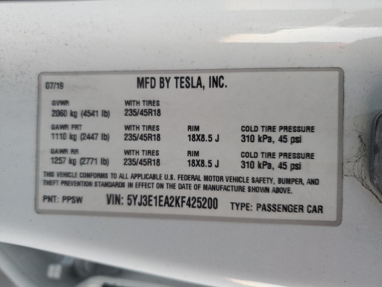 VIN 5YJ3E1EA2KF425200 2019 TESLA MODEL 3 no.12