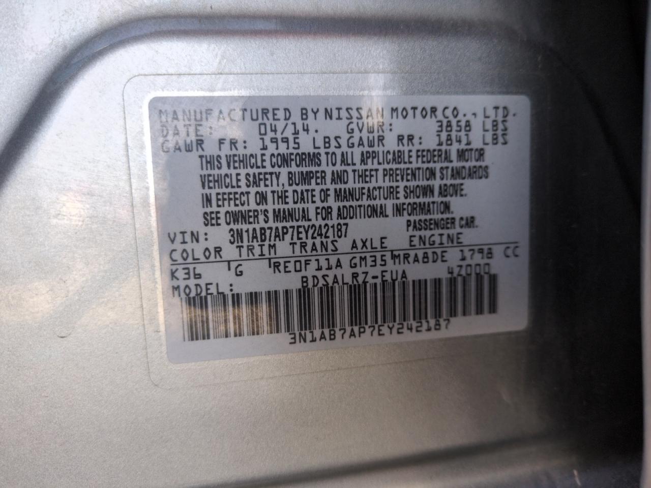 2014 Nissan Sentra S VIN: 3N1AB7AP7EY242187 Lot: 79140624