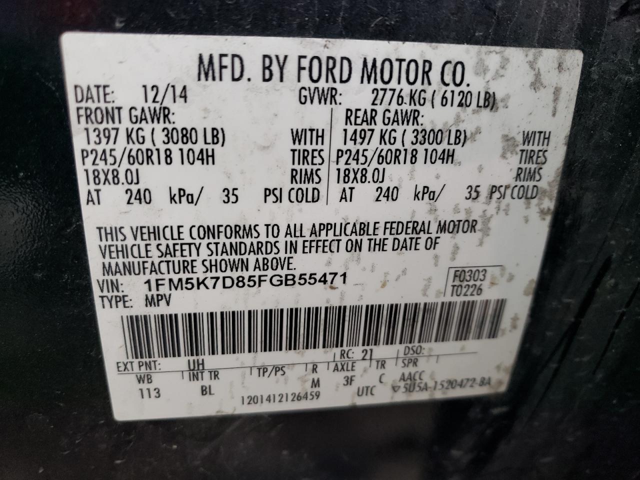 VIN 1FM5K7D85FGB55471 2015 FORD EXPLORER no.14