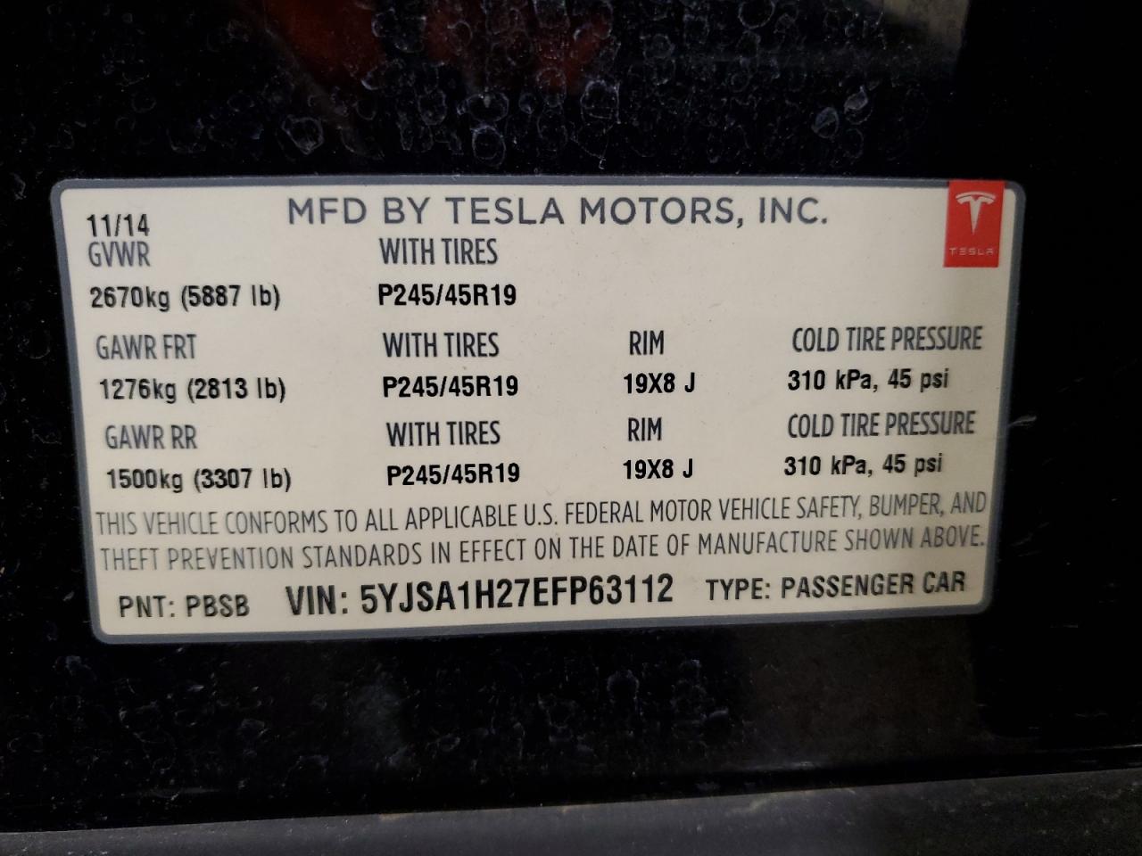 2014 Tesla Model S VIN: 5YJSA1H27EFP63112 Lot: 80888974