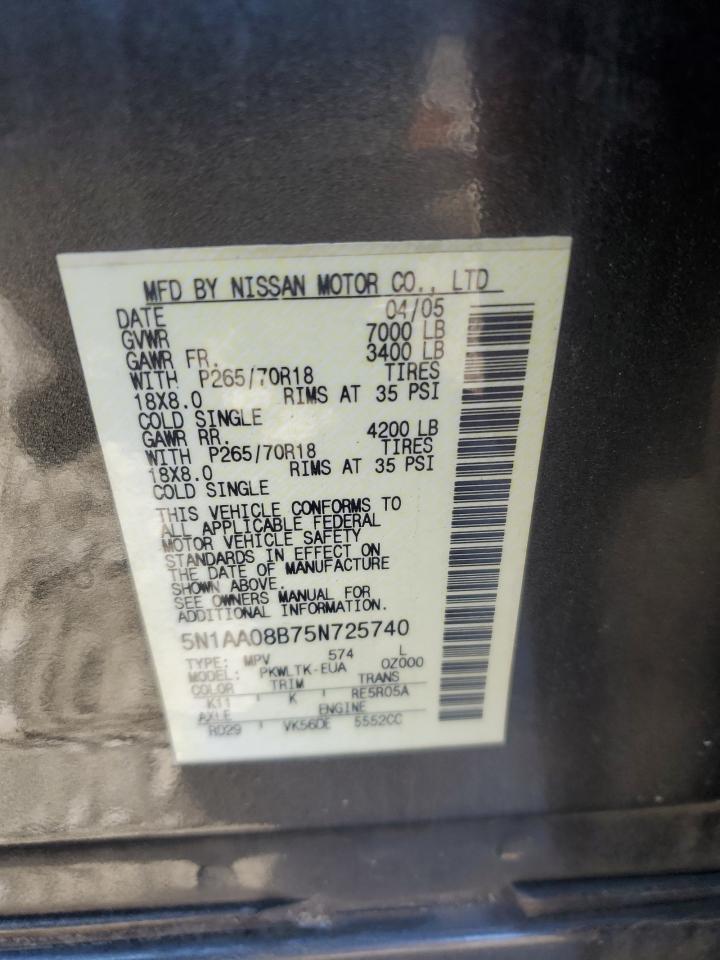 2005 Nissan Armada Se VIN: 5N1AA08B75N725740 Lot: 81044264