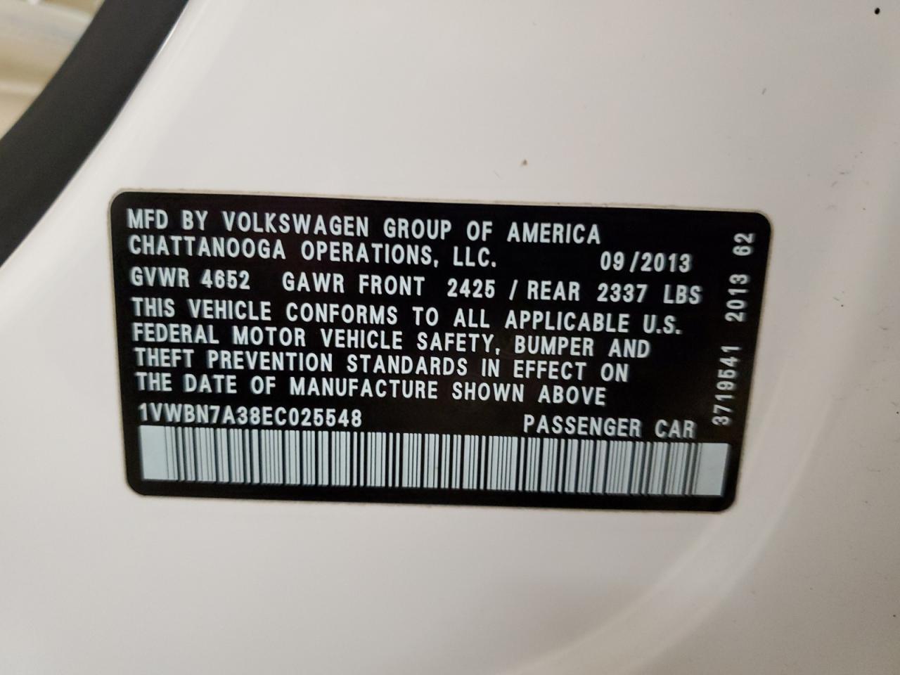 2014 Volkswagen Passat Se VIN: 1VWBN7A38EC025548 Lot: 80888424