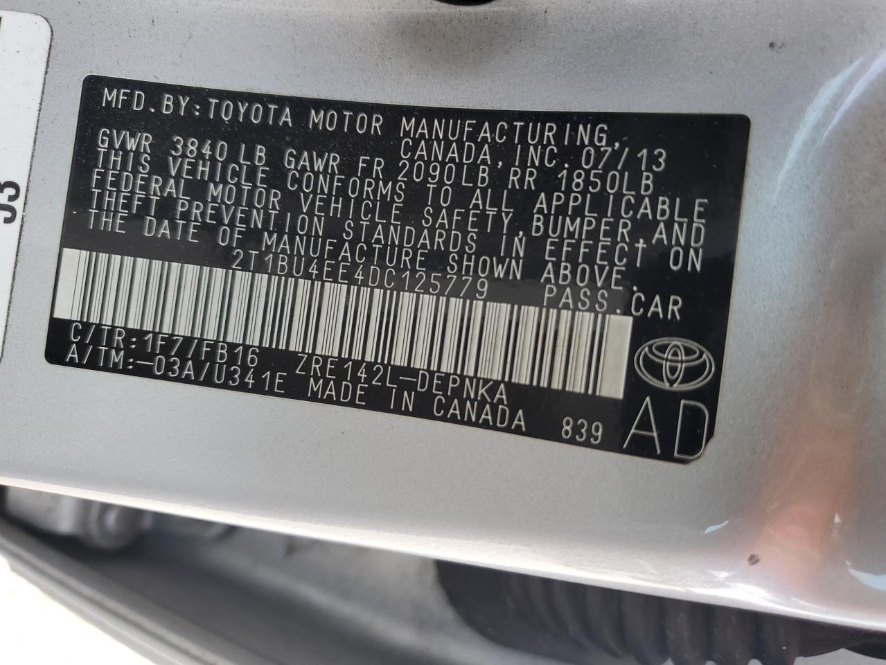 2013 Toyota Corolla Base VIN: 2T1BU4EE4DC125779 Lot: 79640184