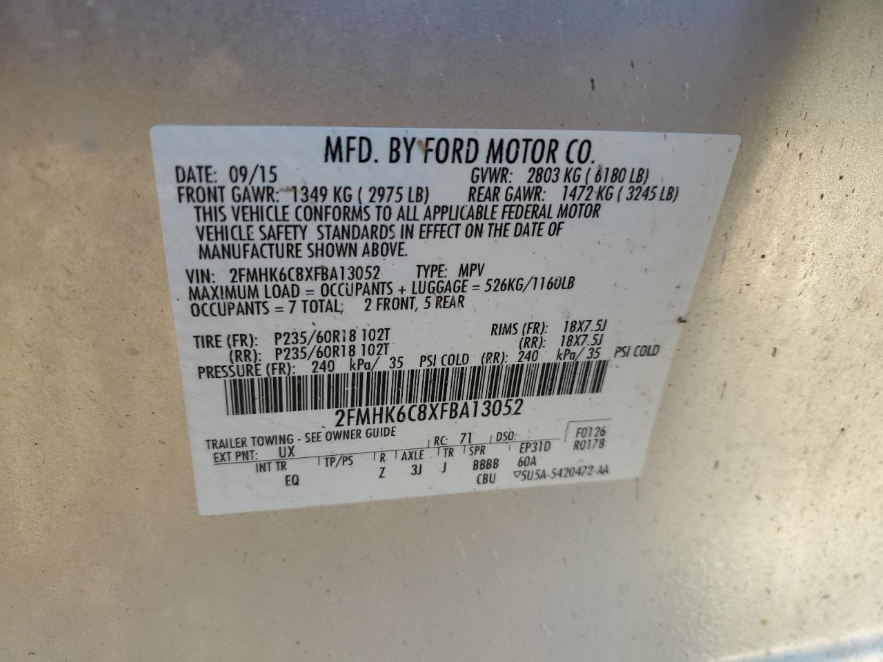 VIN 2FMHK6C8XFBA13052 2015 FORD FLEX no.13