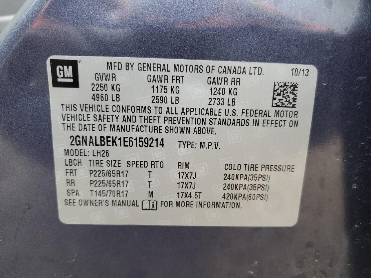 2014 Chevrolet Equinox Lt VIN: 2GNALBEK1E6159214 Lot: 52007045