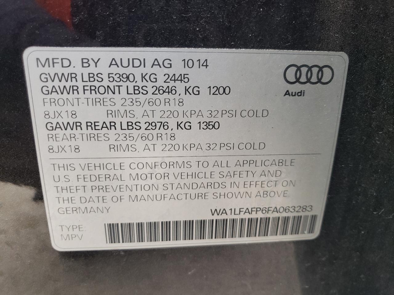 2015 Audi Q5 Premium Plus VIN: WA1LFAFP6FA063283 Lot: 79089984