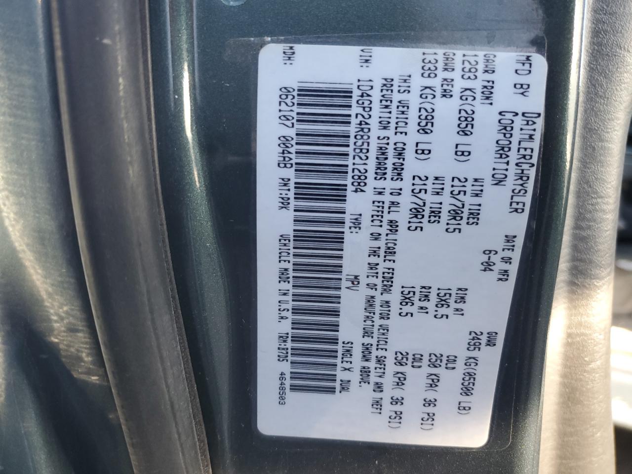 2005 Dodge Grand Caravan Se VIN: 1D4GP24R85B212884 Lot: 79364904