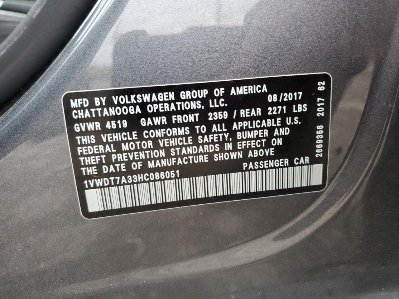 2017 Volkswagen Passat R-Line VIN: 1VWDT7A33HC086051 Lot: 81758824