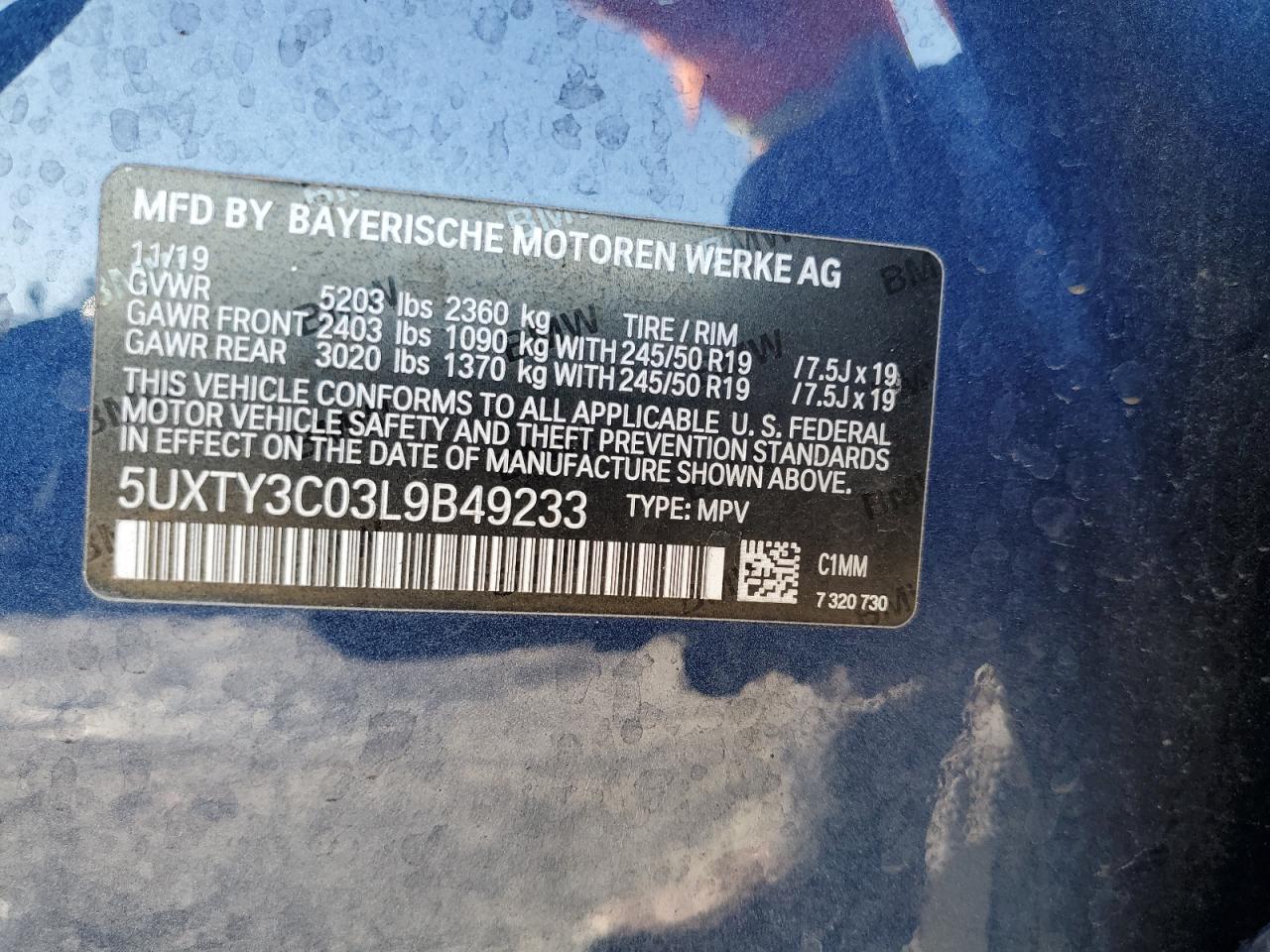 VIN 5UXTY3C03L9B49233 2020 BMW X3 no.14