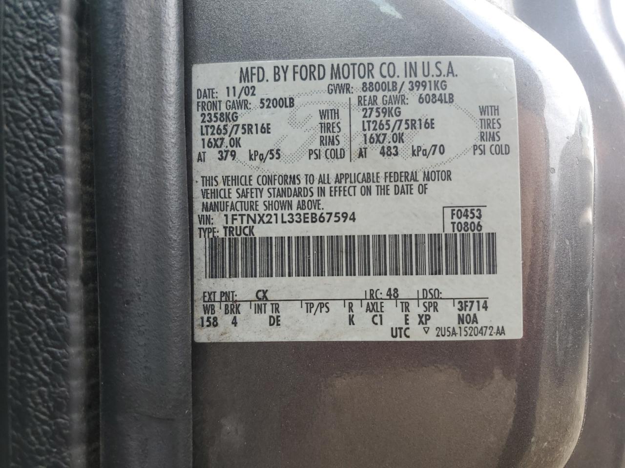 2003 Ford F250 Super Duty VIN: 1FTNX21L33EB67594 Lot: 81354334