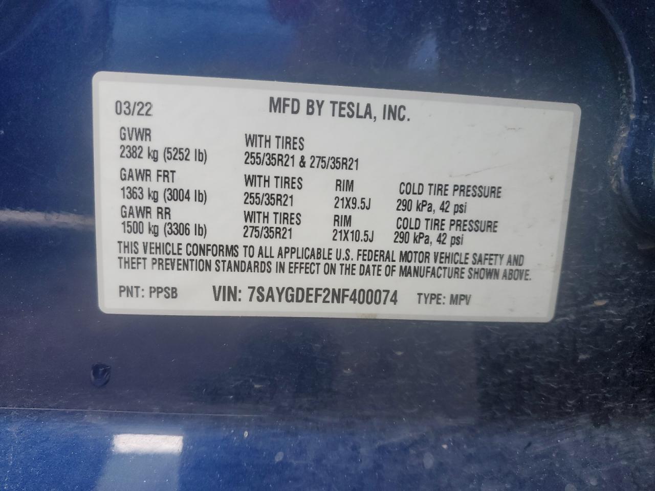 2022 Tesla Model Y VIN: 7SAYGDEF2NF400074 Lot: 81597644