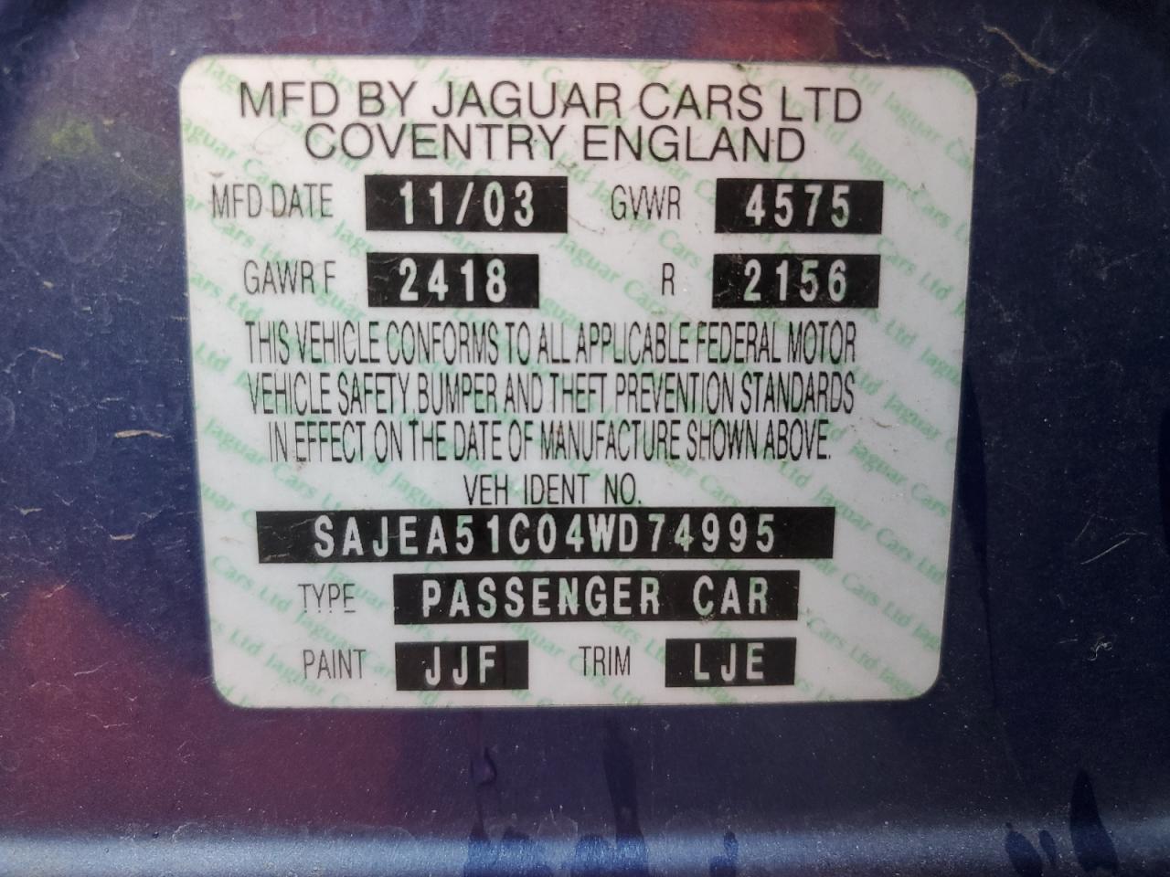 2004 Jaguar X-Type 3.0 VIN: SAJEA51C04WD74995 Lot: 81726084