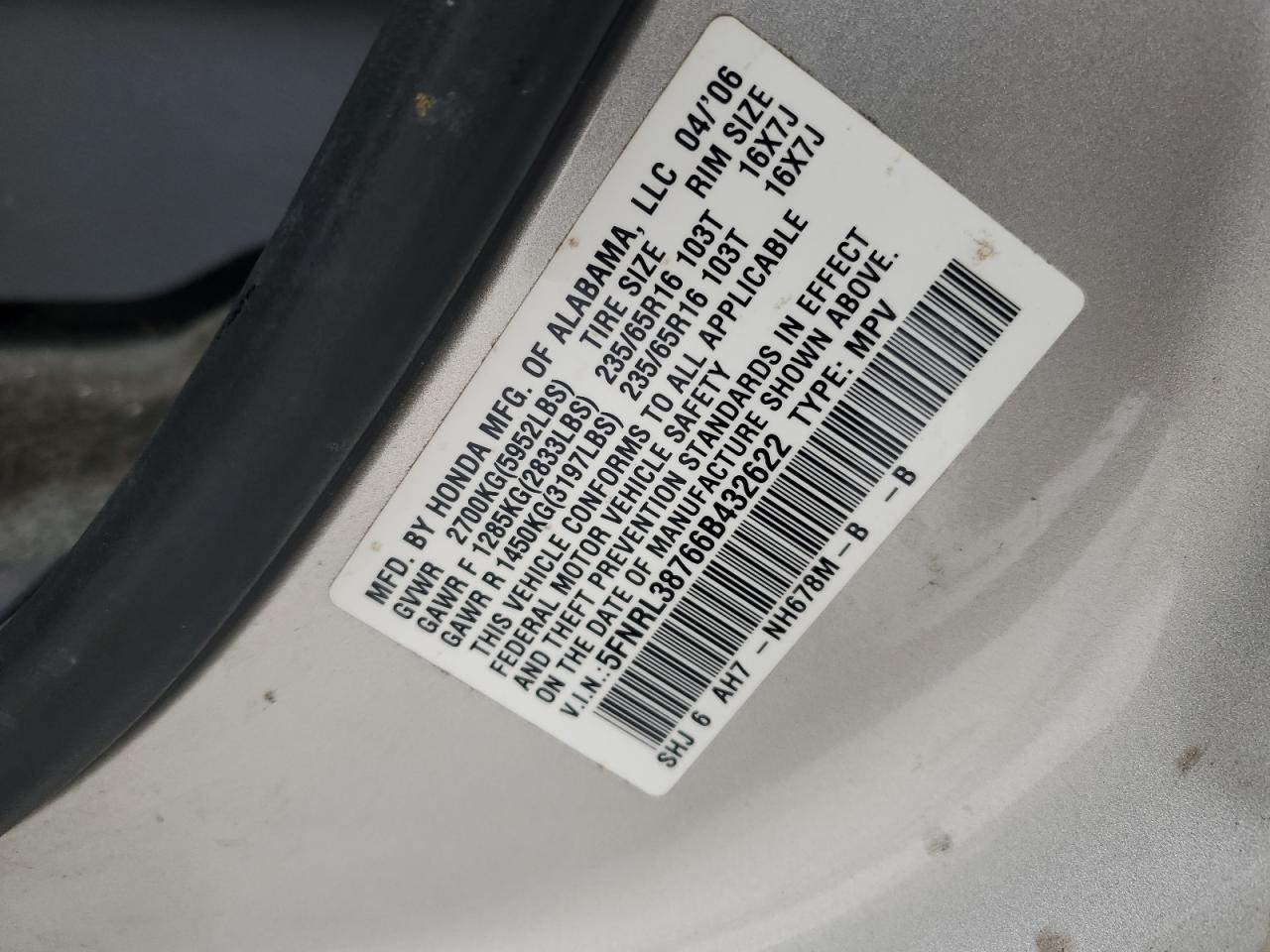 2006 Honda Odyssey Exl VIN: 5FNRL38766B432622 Lot: 57471785