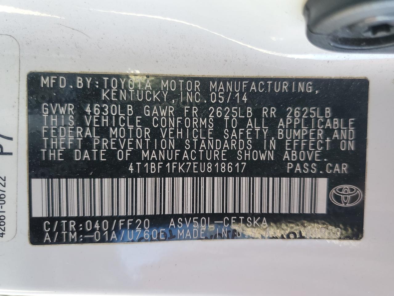 2014 Toyota Camry L VIN: 4T1BF1FK7EU818617 Lot: 80726244