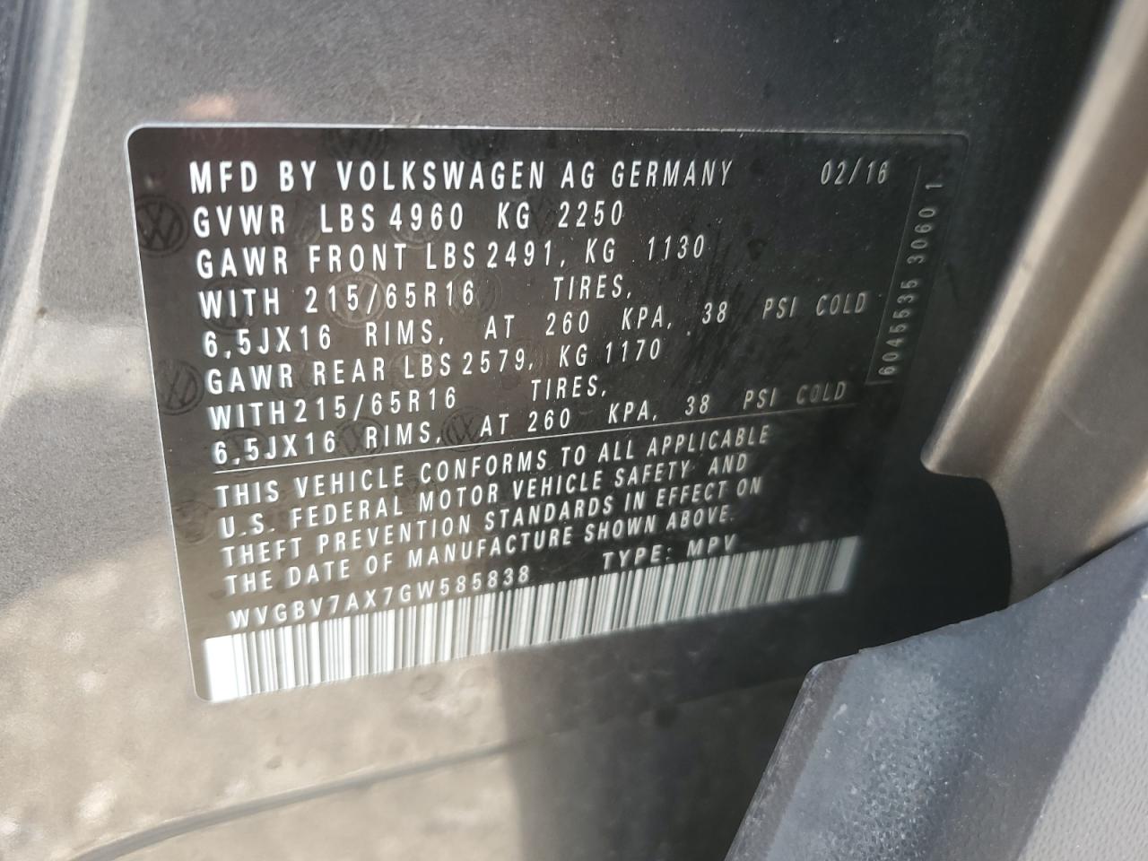 2016 Volkswagen Tiguan S VIN: WVGBV7AX7GW585838 Lot: 81073264