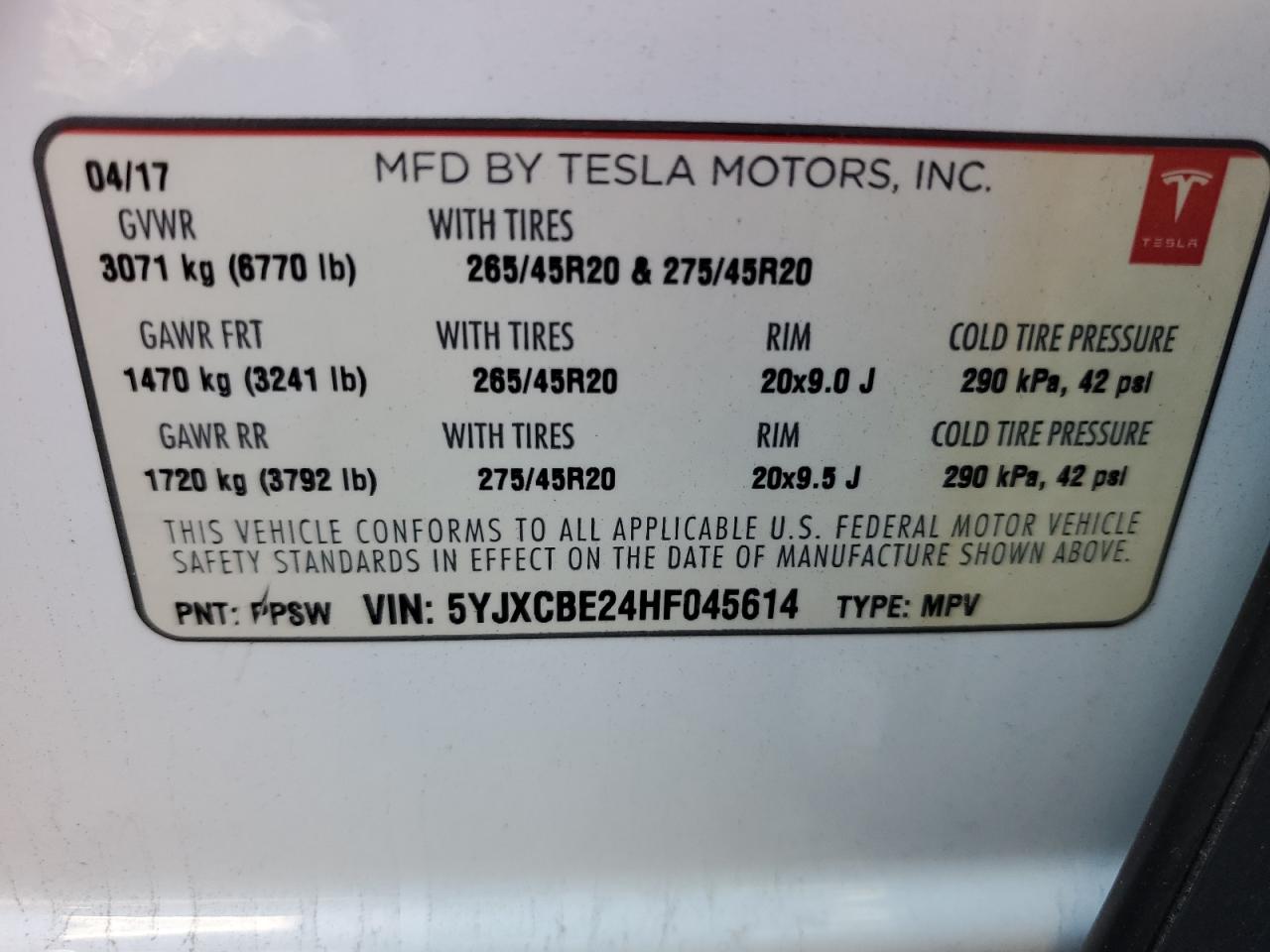 2017 Tesla Model X VIN: 5YJXCBE24HF045614 Lot: 80918554