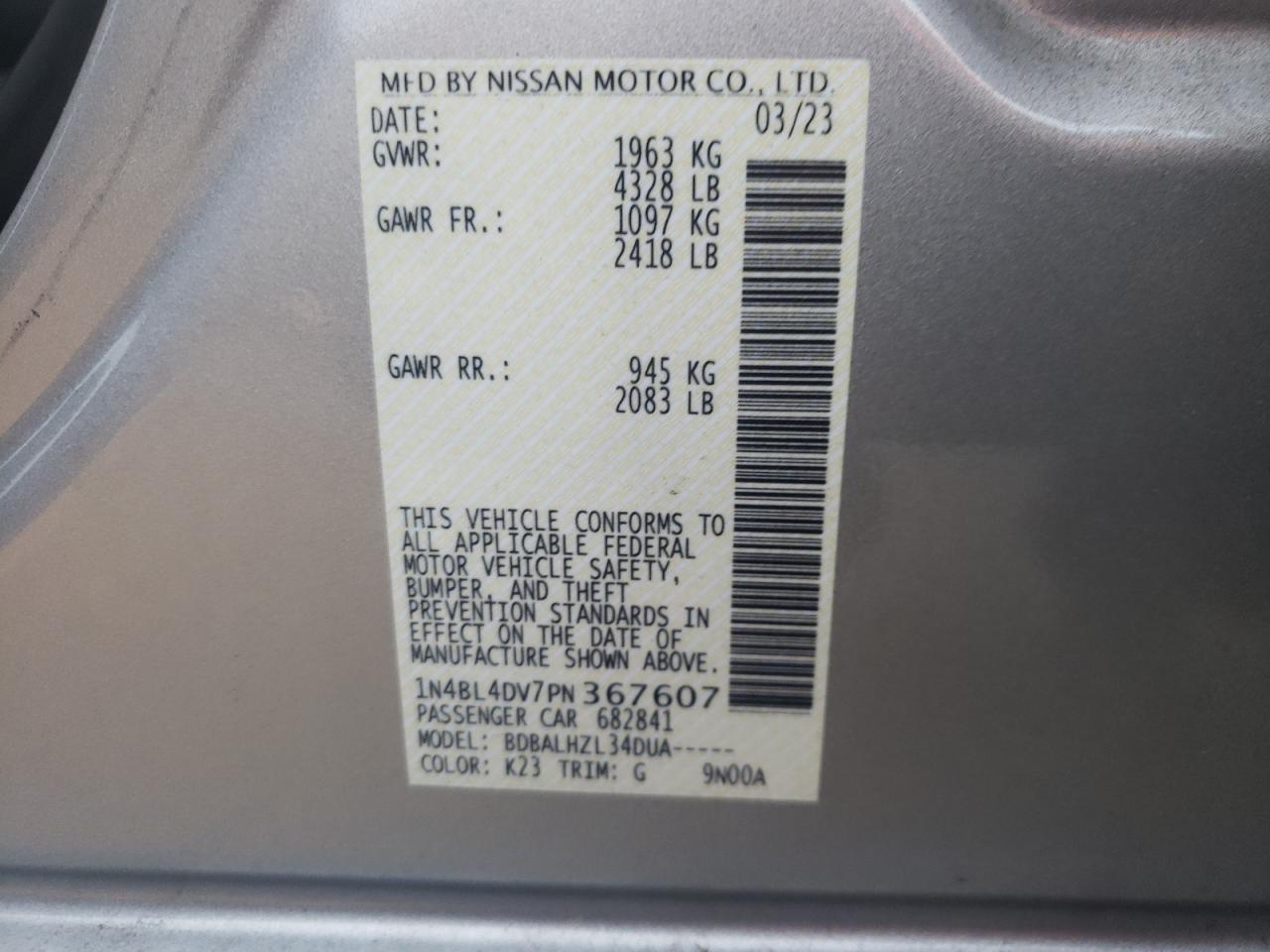 2023 Nissan Altima Sv VIN: 1N4BL4DV7PN367607 Lot: 80940544