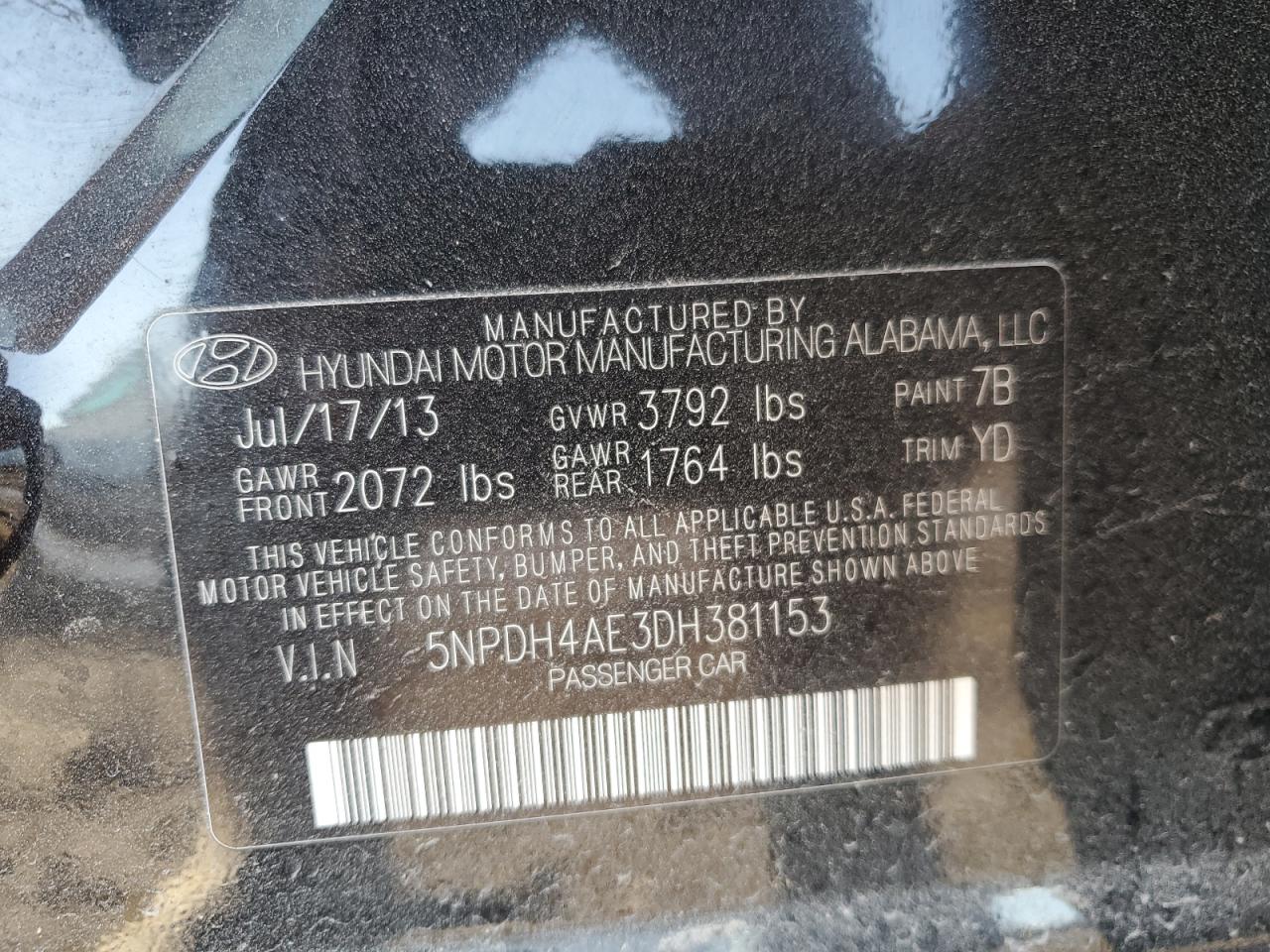 2013 Hyundai Elantra Gls VIN: 5NPDH4AE3DH381153 Lot: 46878405