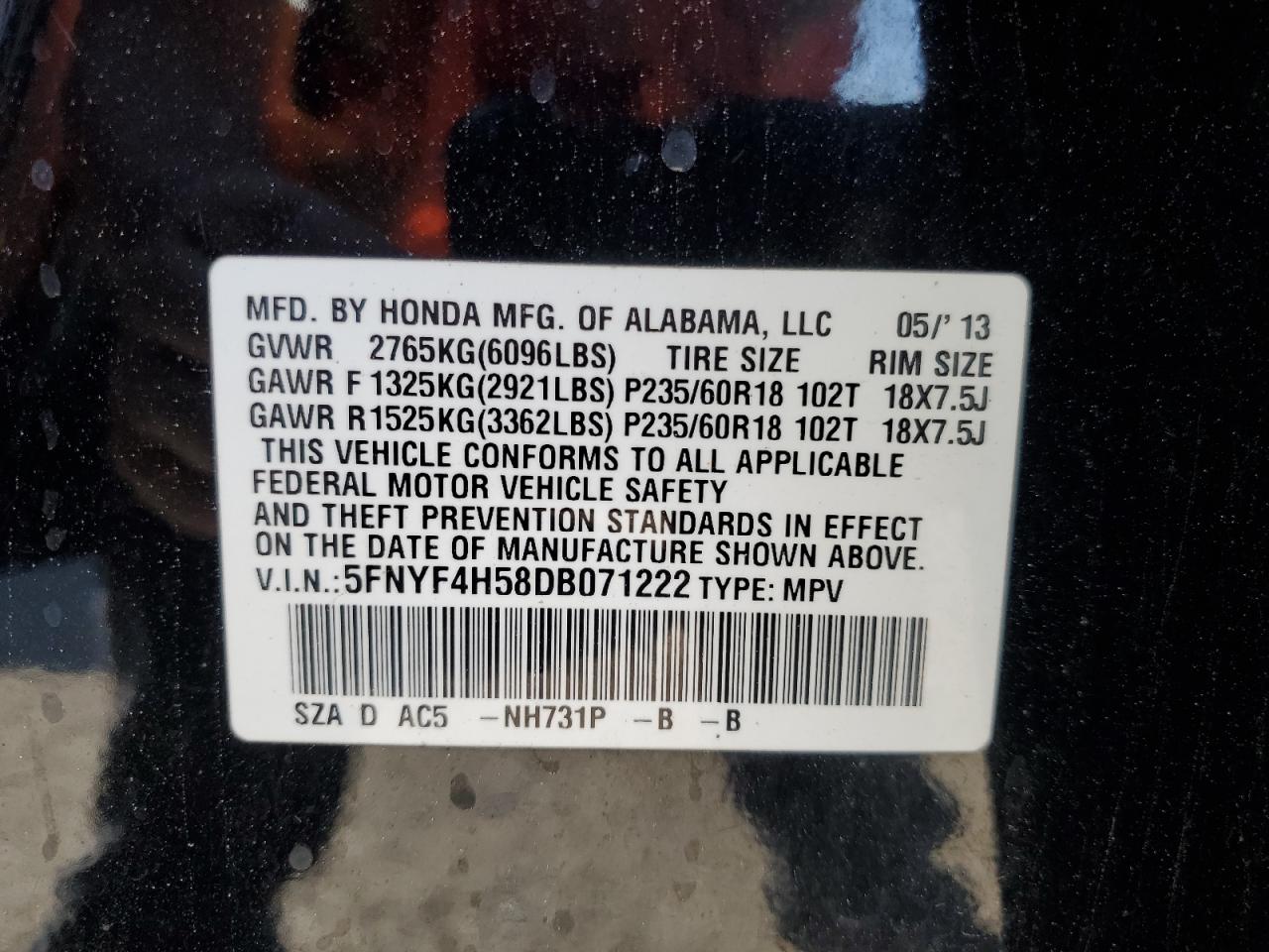 5FNYF4H58DB071222 2013 Honda Pilot Exl