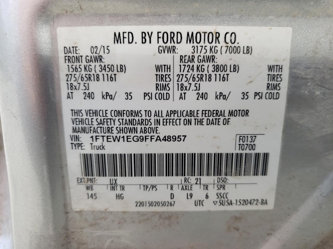 1FTEW1EG9FFA48957 2015 Ford F150 Supercrew