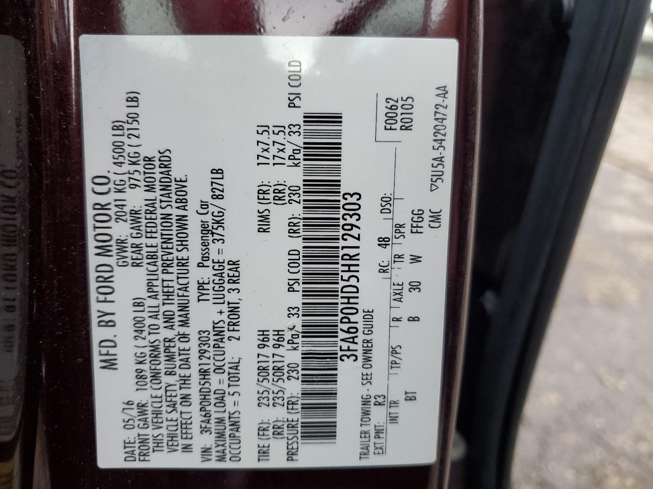 VIN 3FA6P0HD5HR129303 2017 FORD FUSION no.13