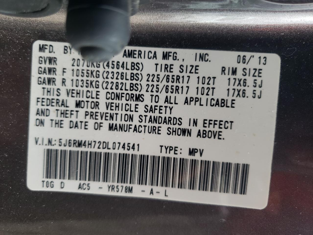 2013 Honda Cr-V Exl VIN: 5J6RM4H72DL074541 Lot: 80708924