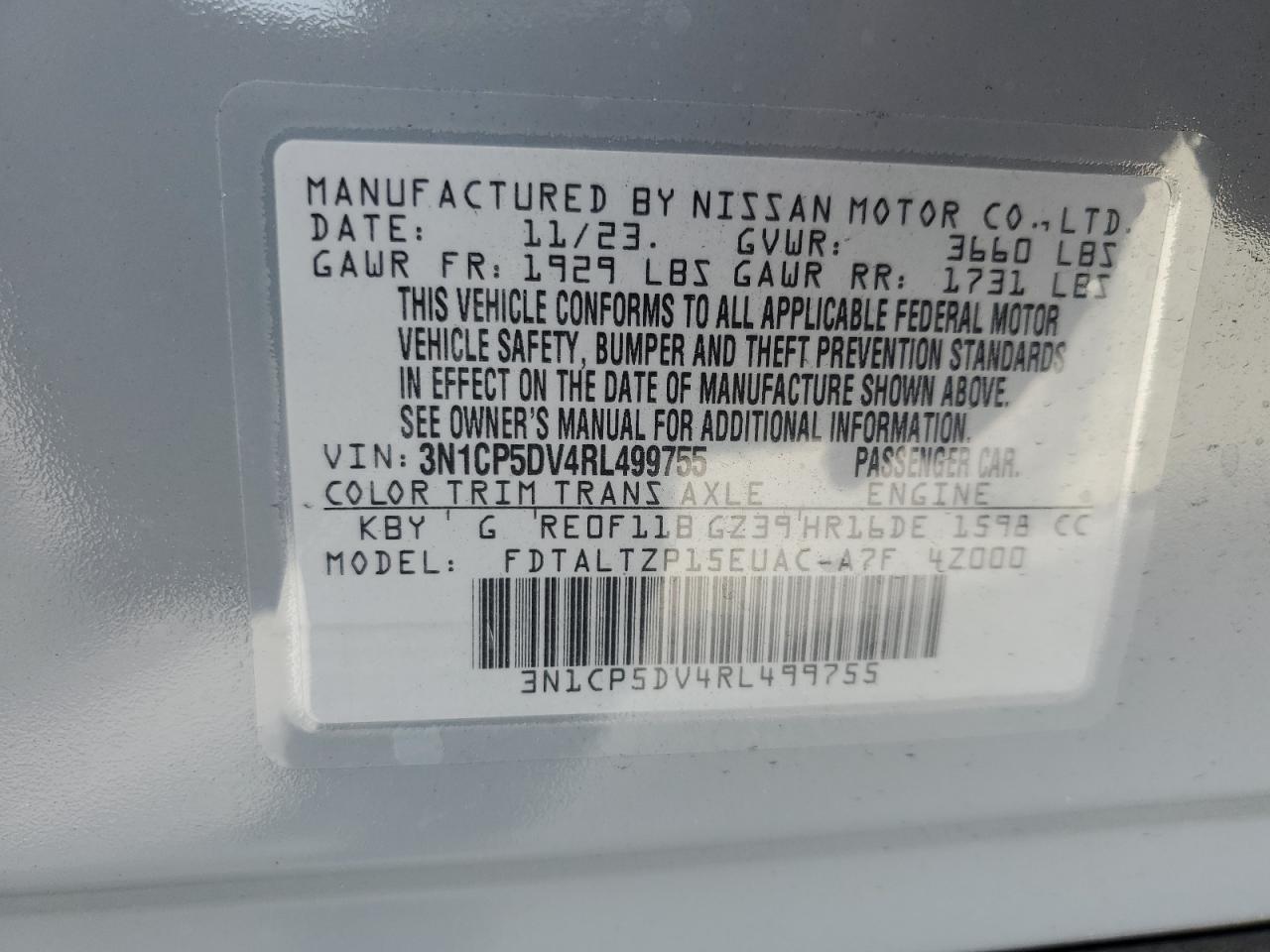 2024 Nissan Kicks Sr VIN: 3N1CP5DV4RL499755 Lot: 77934384