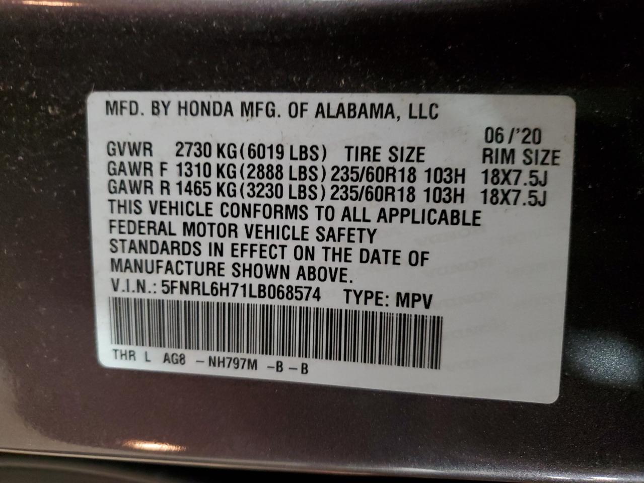 VIN 5FNRL6H71LB068574 2020 HONDA All Models no.13