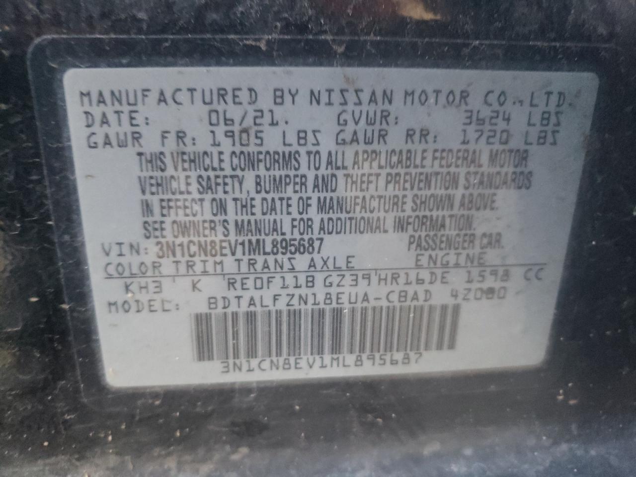 VIN 3N1CN8EV1ML895687 2021 NISSAN VERSA no.13