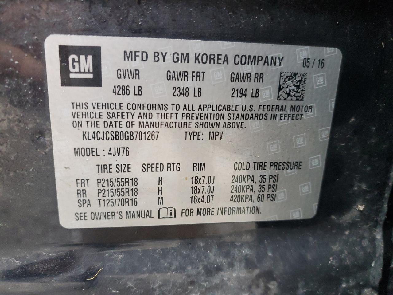 VIN KL4CJCSB0GB701267 2016 BUICK ENCORE no.14