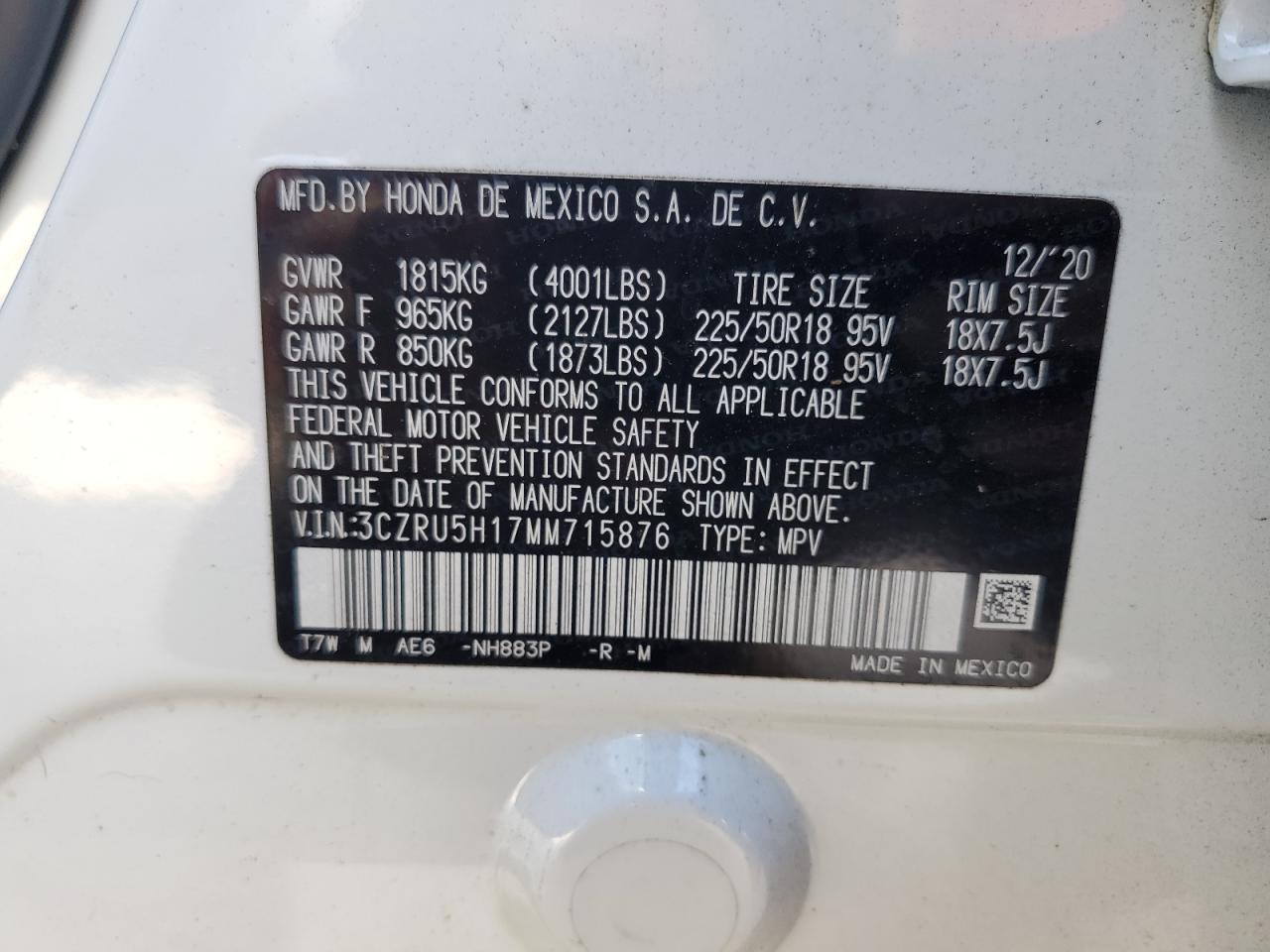 VIN 3CZRU5H17MM715876 2021 HONDA HR-V no.14