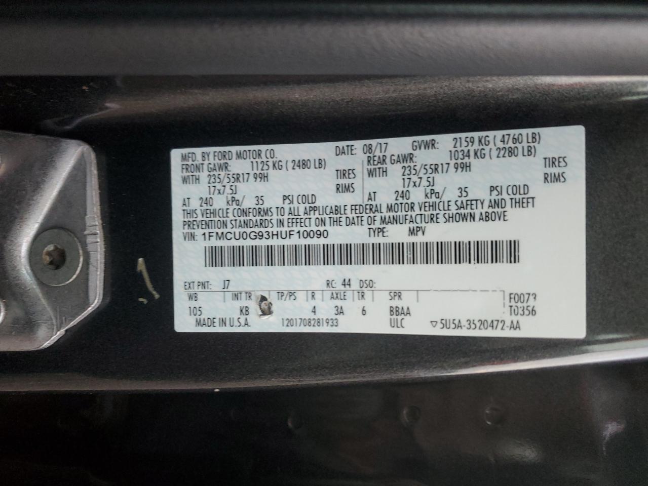 VIN 1FMCU0G93HUF10090 2017 FORD ESCAPE no.14