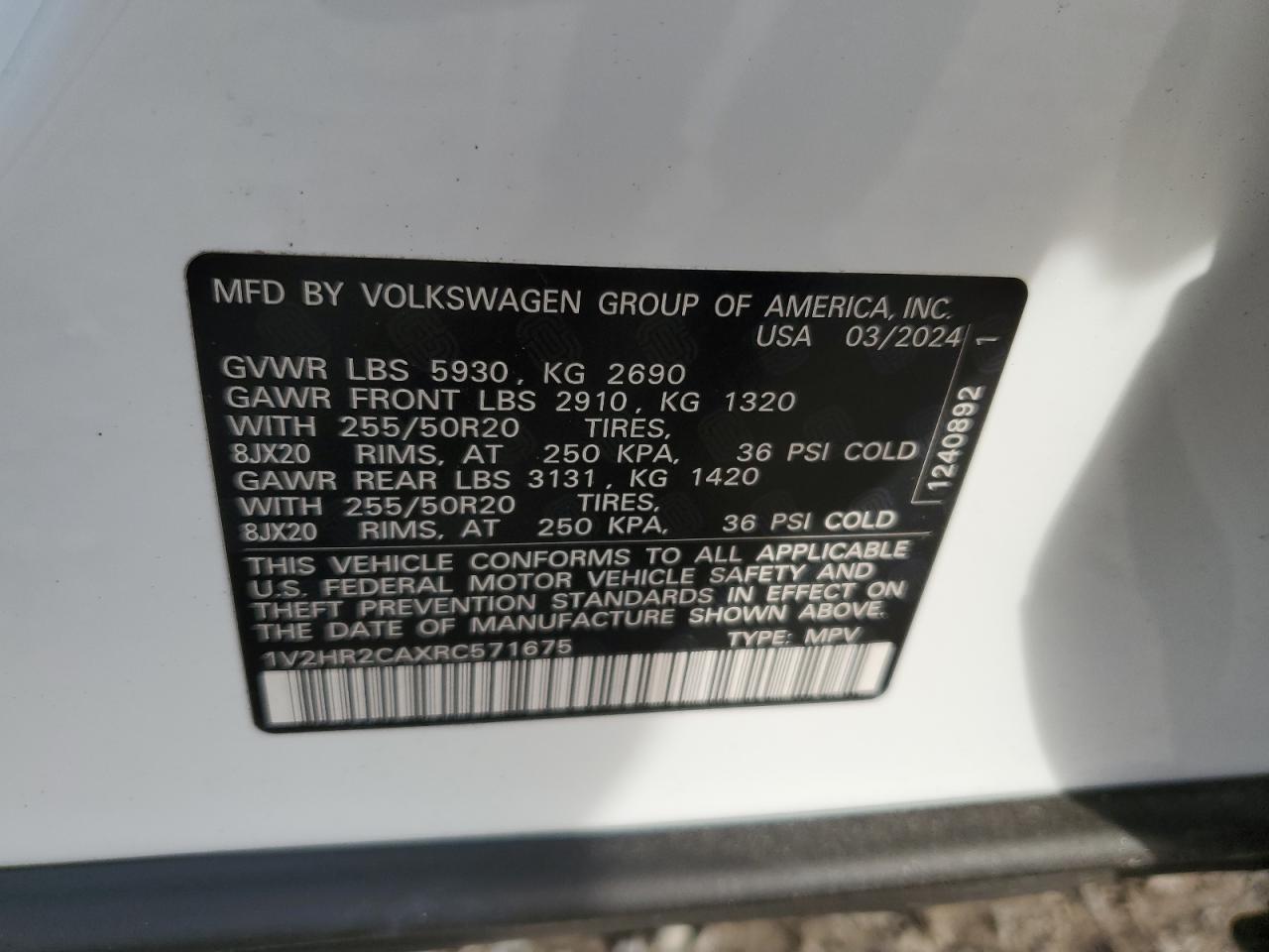 2024 Volkswagen Atlas Se VIN: 1V2HR2CAXRC571675 Lot: 80118324