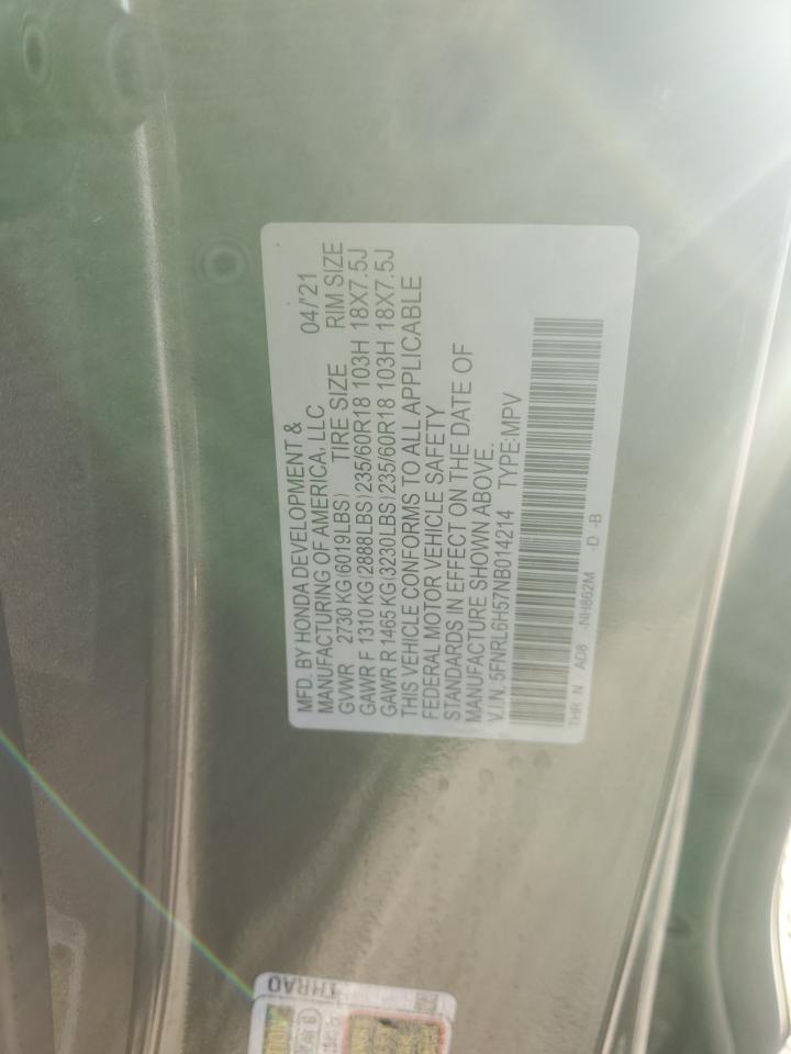 5FNRL6H57NB014214 2022 Honda Odyssey Ex