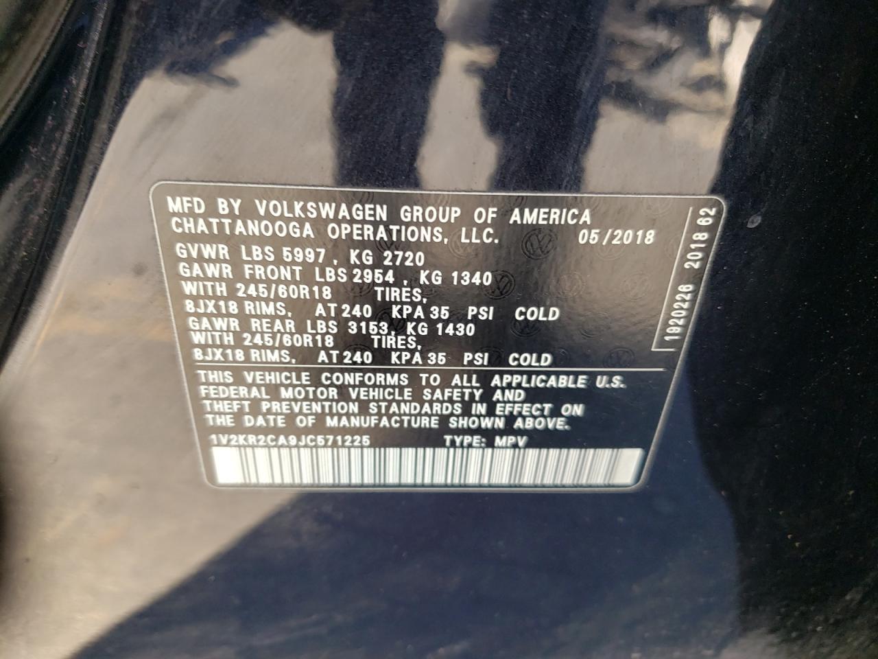 VIN 1V2KR2CA9JC571225 2018 VOLKSWAGEN ATLAS no.14